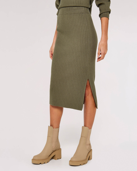 Vertical Rib Side Split Skirt - Khaki | Apricot