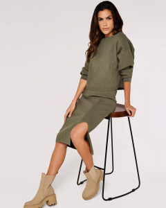 Vertical Rib Slash Neck Jumper - Khaki | Apricot