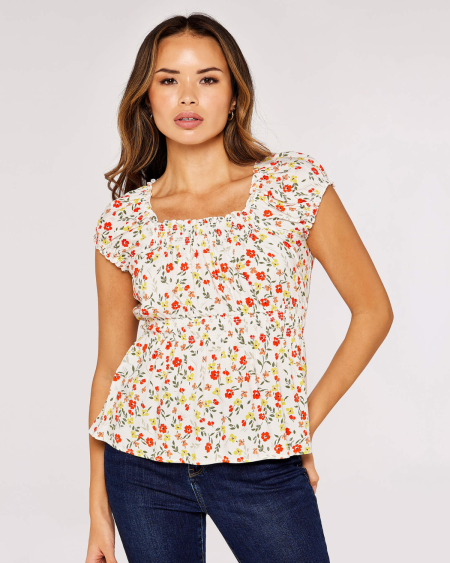 Square Neck Top - Floral Cream | Apricot