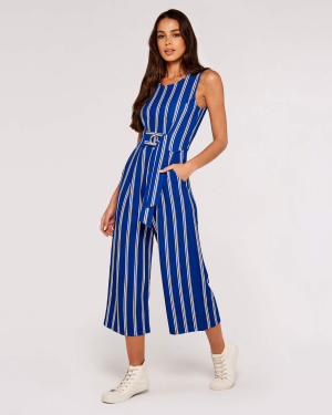 Stripe Self-Tie Waist Jumpsuit - Blue | Apricot