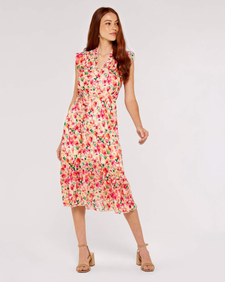 V-Neck Midi Dress - Brushstroke Bloom | Apricot