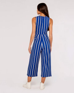 Stripe Self-Tie Waist Jumpsuit - Blue | Apricot