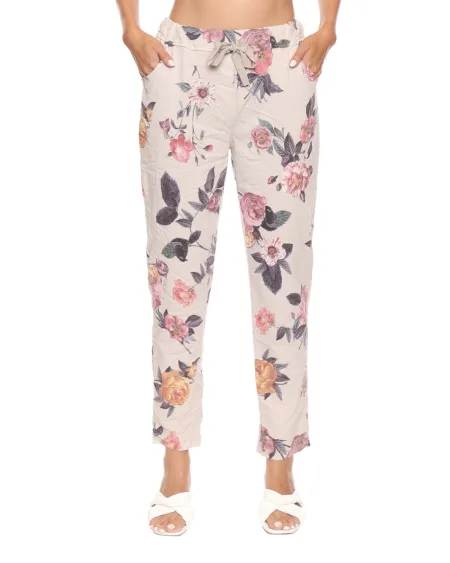 Waist-Tie Pants - Beige Floral | Sorella